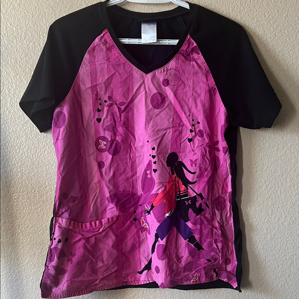 Cherokee Black and Pink Graphic Scrub top
